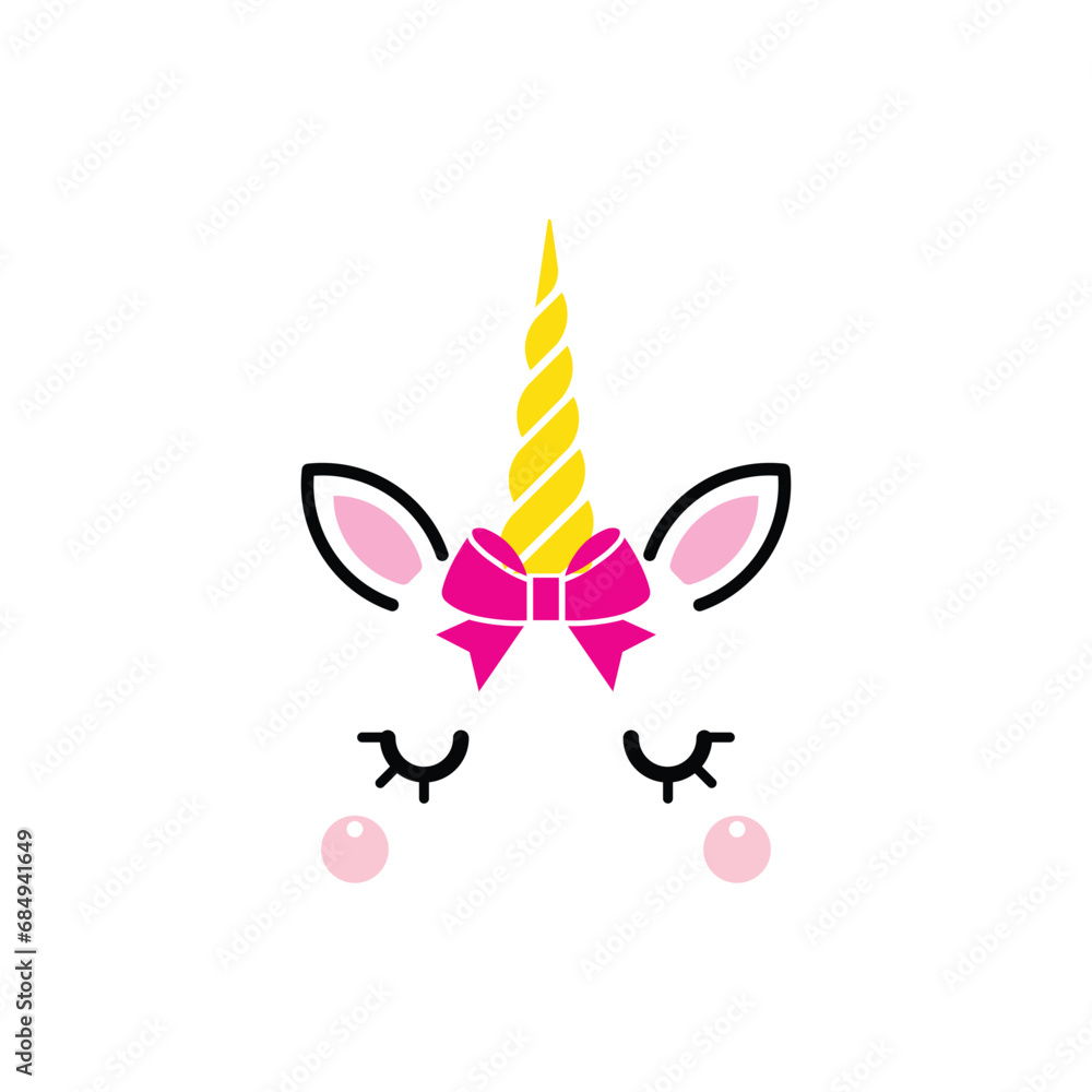 Unicorn face head with bow tie ribbon isolated on white background. Vector cartoon character illustration. Design for child card, t-shirt. girls, kid. 