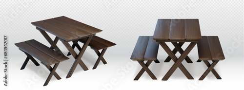 Wooden picnic table isolated on transparent background. Vector realistic illustration of brown garden furniture, desk and bench for outdoor bbq dinner in park, street cafe equipment, isometric view
