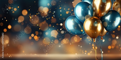 Realistic Festive background with golden and blue balloons falling confetti blurry background and a bokeh lights