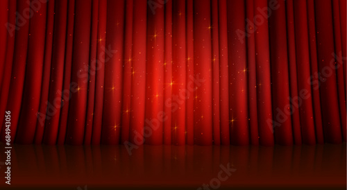 Closed red theater or cinema curtain on stage with circle spotlight and flying flare sparkles. Realistic vector background of broadway show or movie ceremony fabric waved drapery on scene with light.
