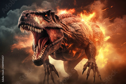 A terrible dinosaur Tyrannosaurus T-rex with an open huge mouth against a background of fire and smoke in the burning primeval jungle. Death of the dinosaurs.