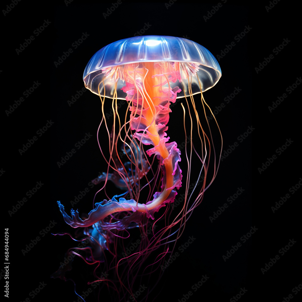 Fototapeta premium Glowing jellyfish swim deep in blue sea, neon jellyfish fantasy on black background