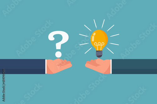 A businessman's hand holds a question mark and another businessman's hand offers an answer with a light bulb. The concept for solving business difficulties. Vector illustration