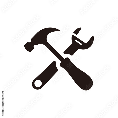 Vector icon illustration of crossed hammer and spanner (carpentry tools , construction tools)
