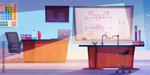 Chemistry classroom interior with equipment. Vector cartoon illustration of school lab with laptop and books on desk, formula written on board, glassware with color liquids, tv on wall, education