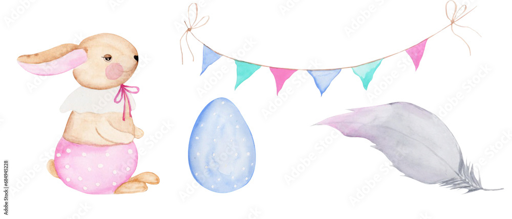 Watercolor Easter cute set of bunny eggs, garland and feathers. Isolates on a white background in soft pastel colors for the design of cards and invitations