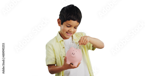 Принти на полотні Happy boy, piggy bank and cash for savings, investment or profit isolated on a transparent PNG background
