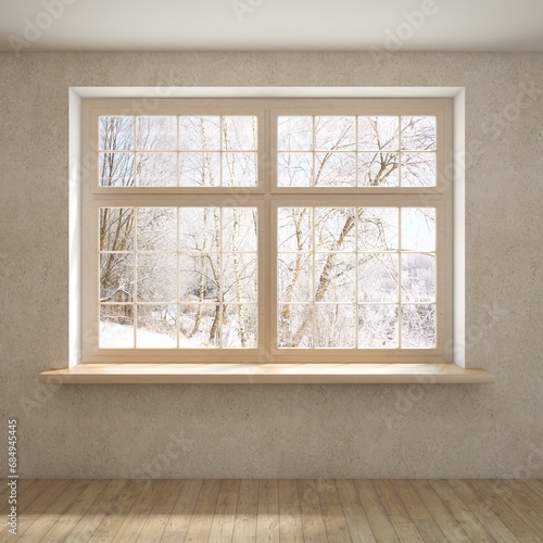 White empty  living room with winter landscape in window. Scandinavian interior design. 3D illustration