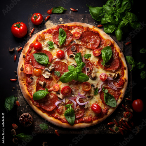 Tasty pepperoni pizza and cooking ingredients tomatoes. Top view of hot Italian pizza with mozzarella