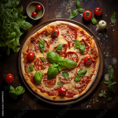 Tasty pepperoni pizza and cooking ingredients tomatoes. Top view of hot Italian pizza with mozzarella