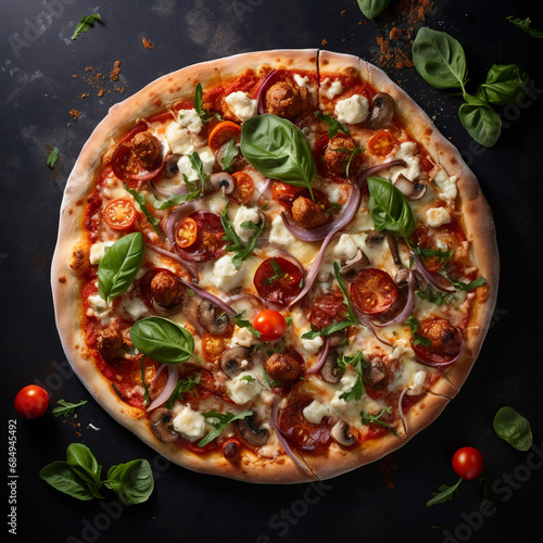 Tasty pepperoni pizza and cooking ingredients tomatoes. Top view of hot Italian pizza with mozzarella