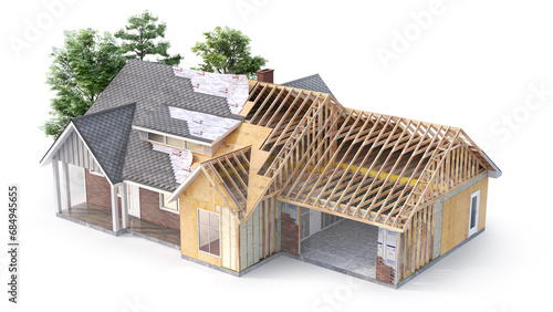 Fototapeta Naklejka Na Ścianę i Meble -  Unfinished frame house on a white background. 3d illustration