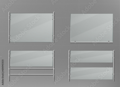 Glass banister for balcony or fence. Realistic vector set of handrail section with plexiglass panel and metal tubular fasteners for terrace or stairway barrier. Transparent acrylic guardrail.