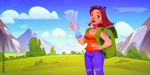 Female tourist hiking in mountain valley. Vector cartoon illustration of young woman traveling with backpack and map, beautiful green landscape, blue sky, summer vacation, outdoor recreation activity