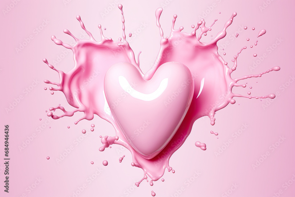  Pink heart shape milk splash, romantic food symbol for Valentines day