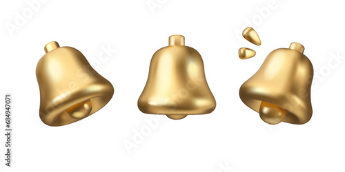 Golden bell vector 3d icon set. Christmas icons, isolated on white background. New year holiday decoration element