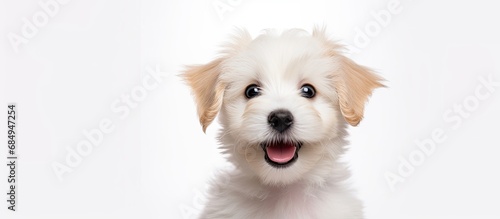 In a portrait of a cute and young white puppy, with wide and happy eyes, the isolated dog stands out against a white background, highlighting its adorable face and showcasing its domestic breed as a © AkuAku