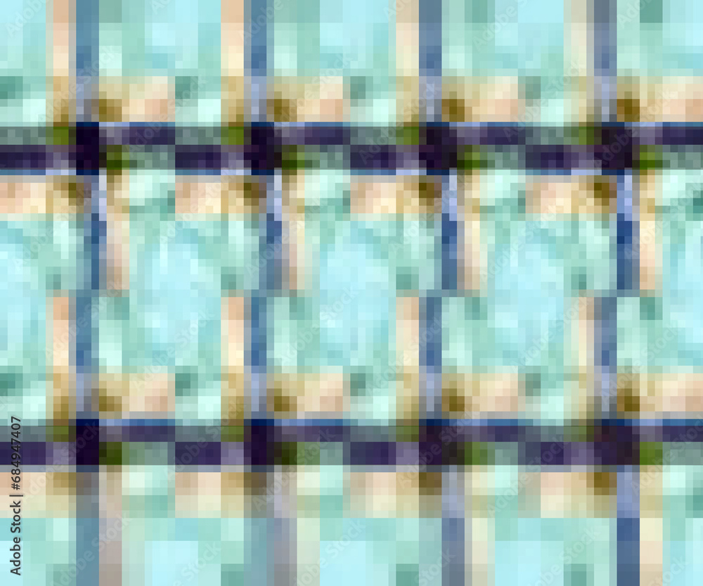 Checked pattern by blurred fine mosaic of light blue, purple, and beige