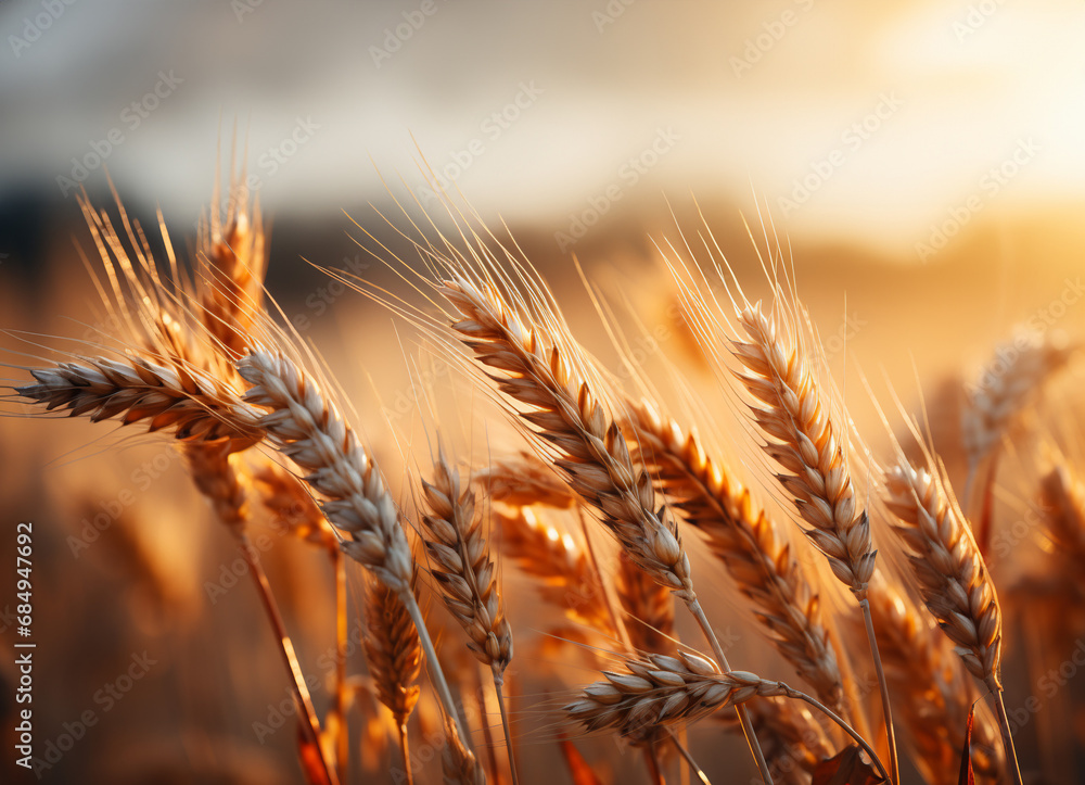 Wheat field Ears of wheat on blurry sunset background Wheat field Ears of wheat on blurry sunset background