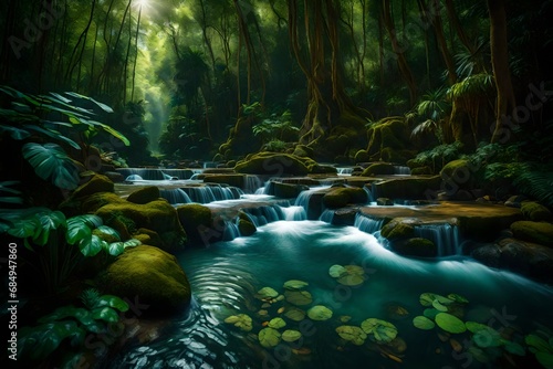 Beautiful stream painting in tropical forest 