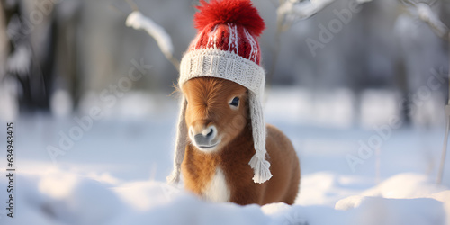 red horse in snow,Red bay horse in heavy snow fall with snow all over her  © Bubble
