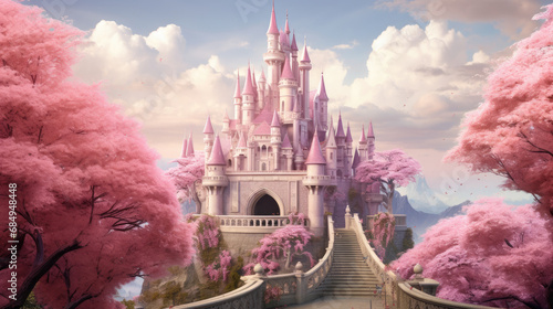 a beautiful fairytale castle illustration with pink trees, notre dame cathedral photo