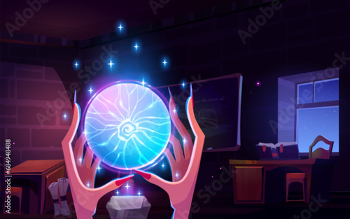Witch hands with energy crystal in magic lab. Vector cartoon illustration of dark room in old school, blackboard, spell book on desk, starry night sky in window, fortunetelling ritual, witchcraft