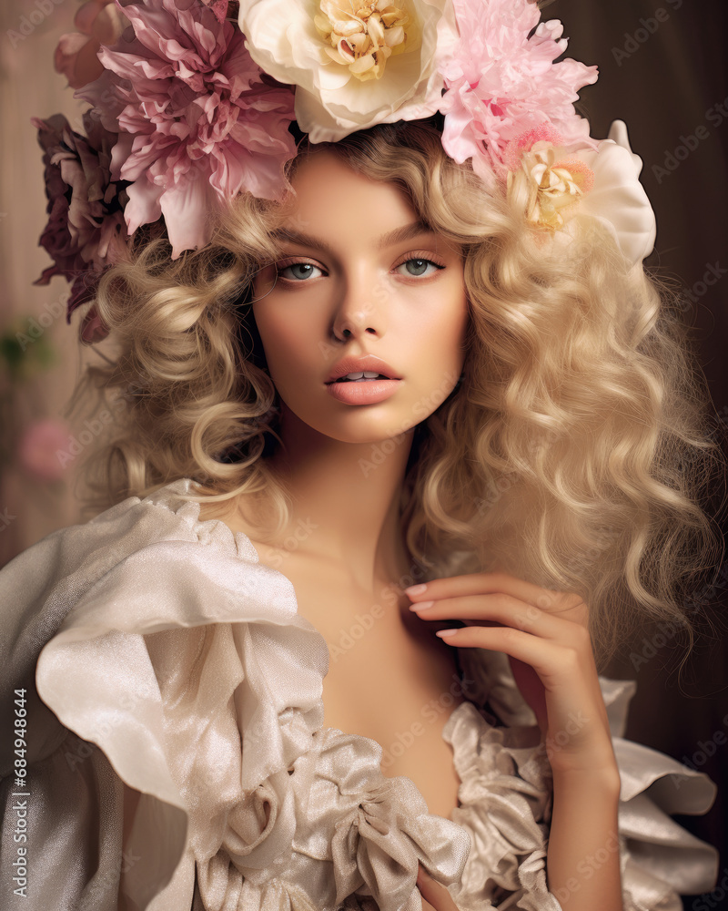 Woman blonde hair with her head covered with flowers