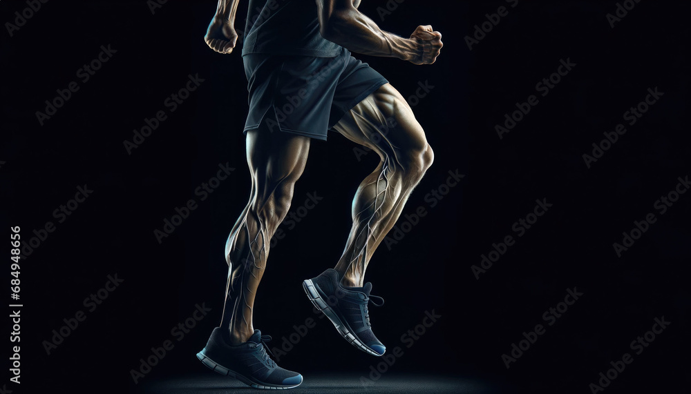 gym guy, macular body, fitness, side view of a jogger's legs with veins pulsating, isolated on a black background