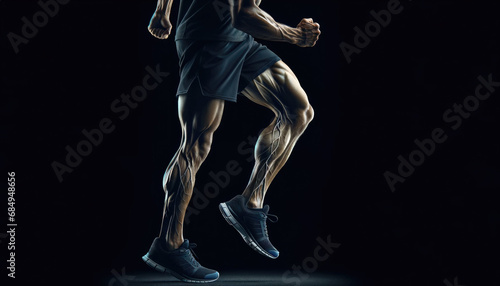 gym guy, macular body, fitness, side view of a jogger's legs with veins pulsating, isolated on a black background