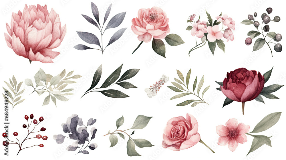 Watercolor floral illustration individual elements set  green leaves, burgundy pink peach blush white flowers, branches. Wedding invitations wallpapers fashion prints. Eucalyptus, olive, peony, rose. 
