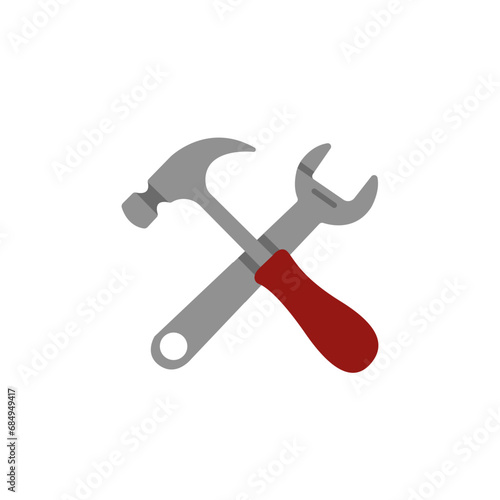 Vector icon illustration of crossed hammer and spanner (carpentry tools , construction tools)