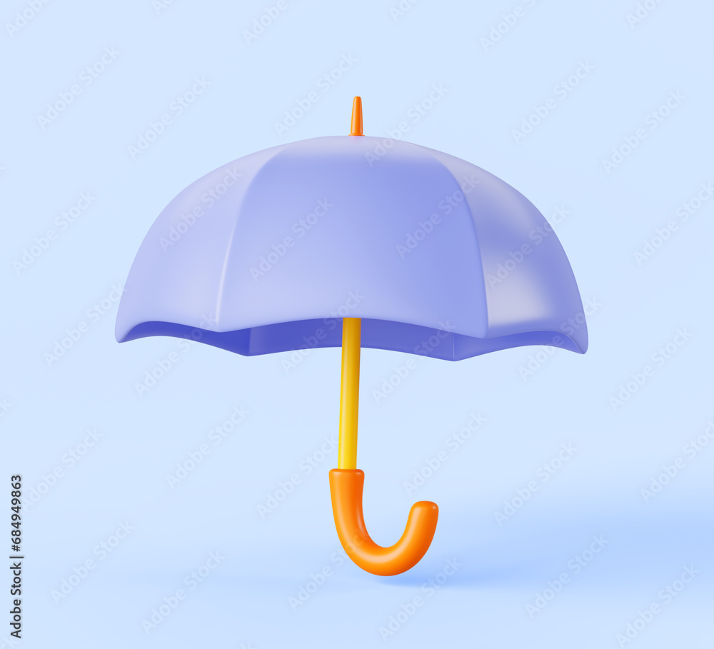 Blue stick umbrella 3d render icon. Protection symbol, safety sign, mock up open parasol with wooden handle, rain or sun protect badge, graphic design element in cartoon plastic style. 3D illustration Blue stick umbrella 3d render icon. Protection symbol, safety sign, mock up open parasol with wooden handle, rain or sun protect badge, graphic design element in cartoon plastic style. 3D illustration