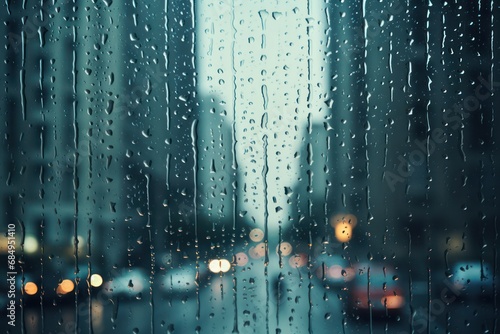rain drops on window at the city photo
