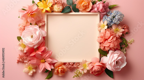 fresh blooming flowers of various colors and green leaves placed around empty pink photo frame on pink background 