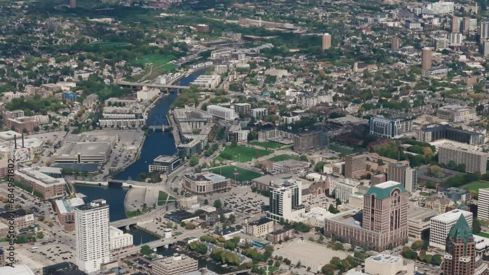 Drone wide view of downtown Milwaukee city, Michigan lake shoreline., Wisconsin, USA Drone wide view of downtown Milwaukee city, Michigan lake shoreline., Wisconsin, USA