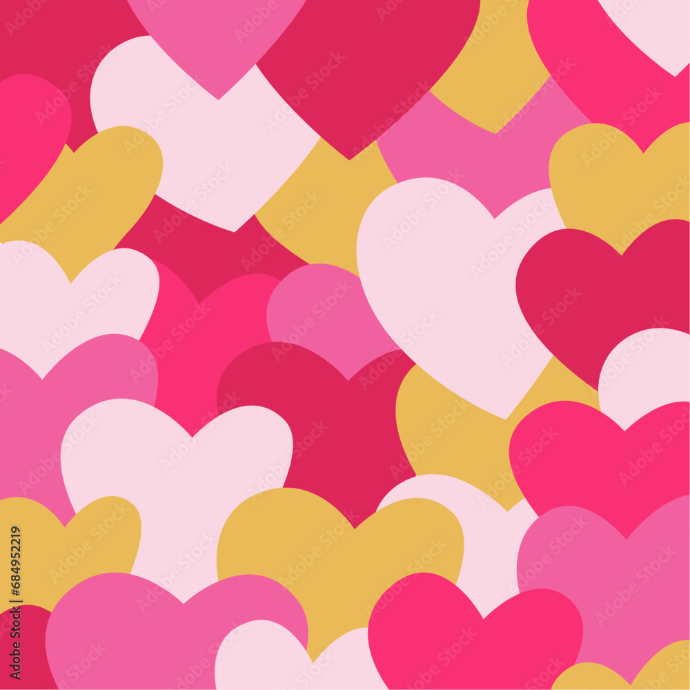 Cute abstract heart background. White, pink, scarlet and golden hearts. Gentle pattern. Element for design.