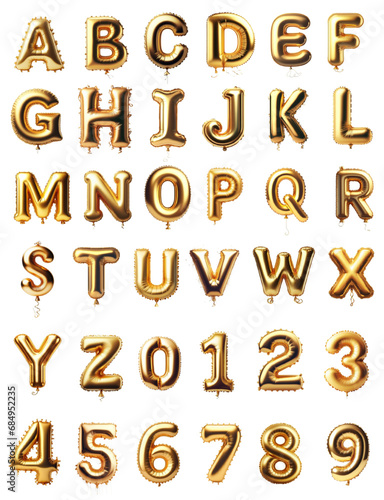 Alphabet and numbers Balloons. Helium balloons. Gold balloons for text, letter, holiday. Festive, realistic set. Letters from A to Z. Vector illustration. © foody