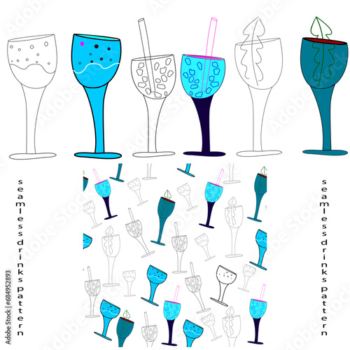 Silhouettes of drinks and glass illustrations and seamless pattern. Celebrate pattern.Wrapping paper.