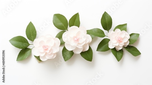 Camellia flowers on a White background. Beautiful spring flowers. Copy space. Happy Women s Day  Mother s Day  Valentine s Day  Easter. Card.