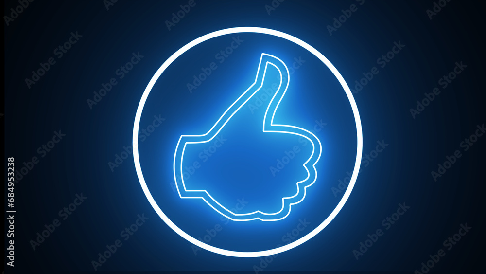 Like neon blue line icon. Retro neon sign Like on blue background. Thumbs up and thumbs down are circle symbols. Neon sign Like neon blue line icon. Retro neon sign Like on blue background. Thumbs up and thumbs down are circle symbols. Neon sign