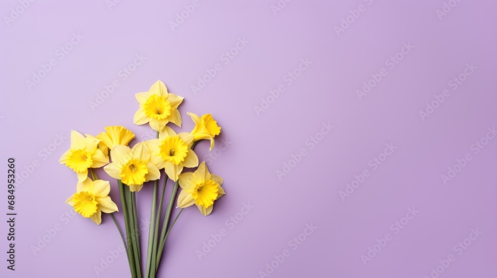 Bouquet of Daffodil flowers on a Lavender background. Beautiful spring flowers. Copy space. Happy Women's Day, Mother's Day, Valentine's Day, Easter. Card.