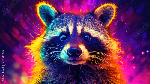 Curious Gaze: A Raccoon Portrait Against a Vibrant Gradient Background © Moon