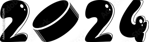 Photography Black silhouette of numbers 2024 and ice hockey puck