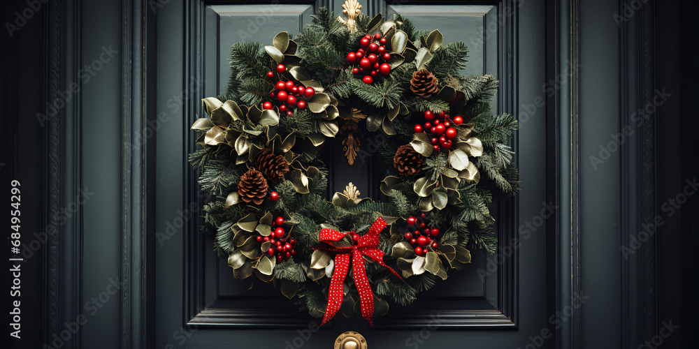 Christmas wreath with red bow and berries on the door  Door Decor with Red Bow and Berries