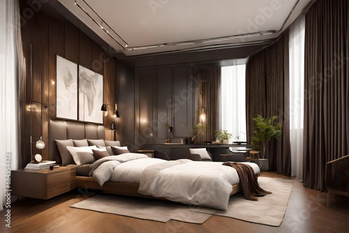 Stylish room interior with large bed near brown wall © usman