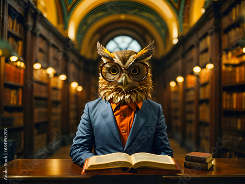 Wise Owl character in old library