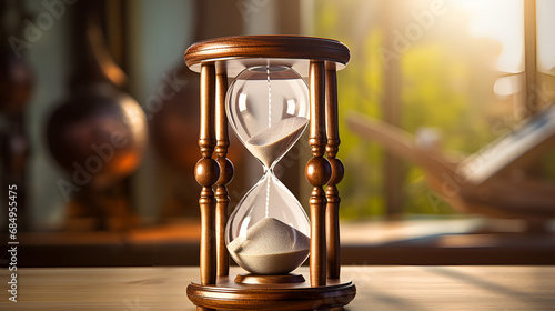 Moments in Motion: The Enchanting Dance of Sand in a Closeup View of the Hourglass with Bokeh Aura background ai generated