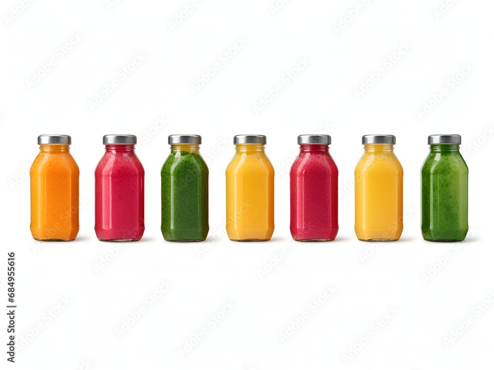 Set with plastic bottles of different juices on white background Set with plastic bottles of different juices on white background