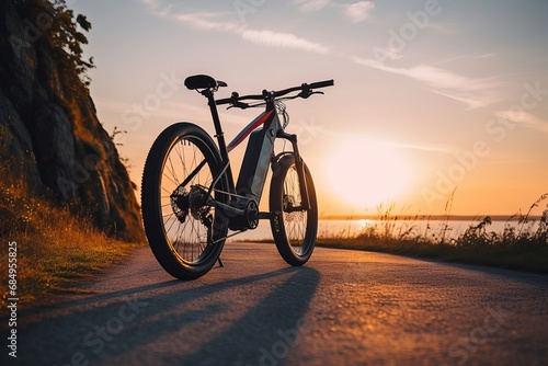 mountain bike on the road, Sunset